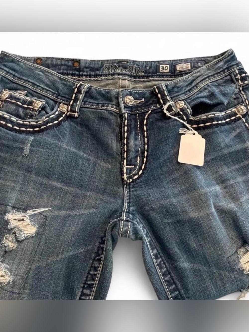 Miss Me distressed jeans with white contrast, stitching size 30 straight leg - Picture 2 of 8